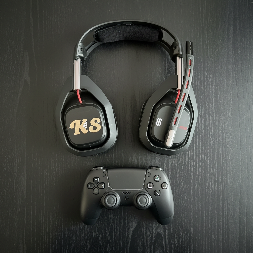 A black over-ear gaming headset with a flexible microphone and red accents, shown on a dark wood surface with a game controller partially visible at the bottom. The earcups feature a gold 'KS' logo.